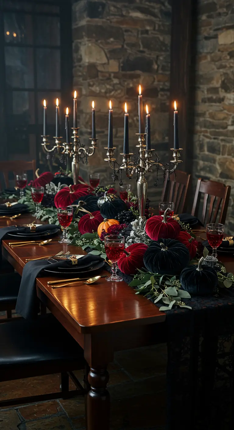 Gothic Halloween table with velvet pumpkins, black candles in silver candelabras, and a lace runner.