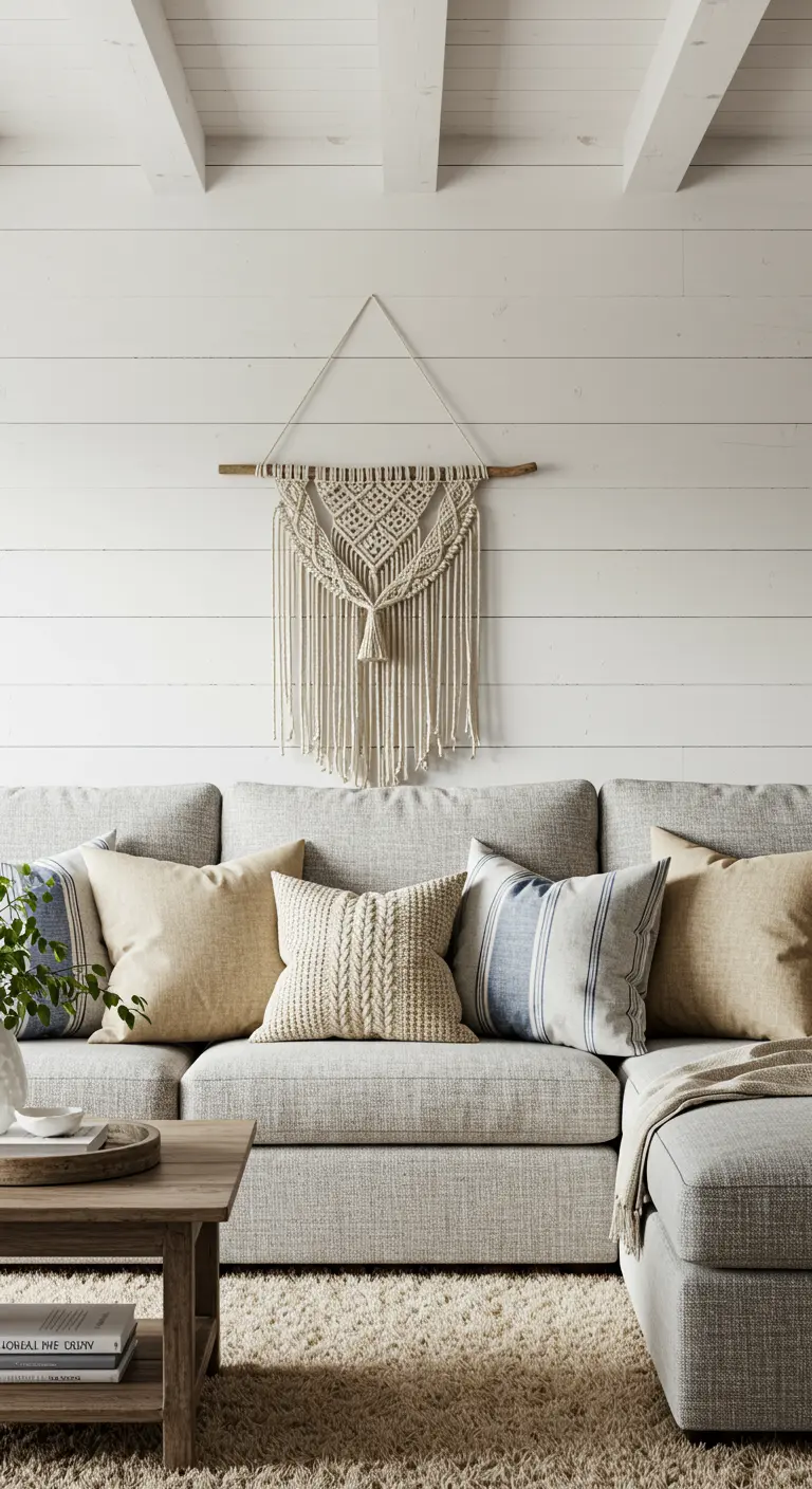 Close-up of a gray sofa with layered pillows, including a cream-colored knit cushion.