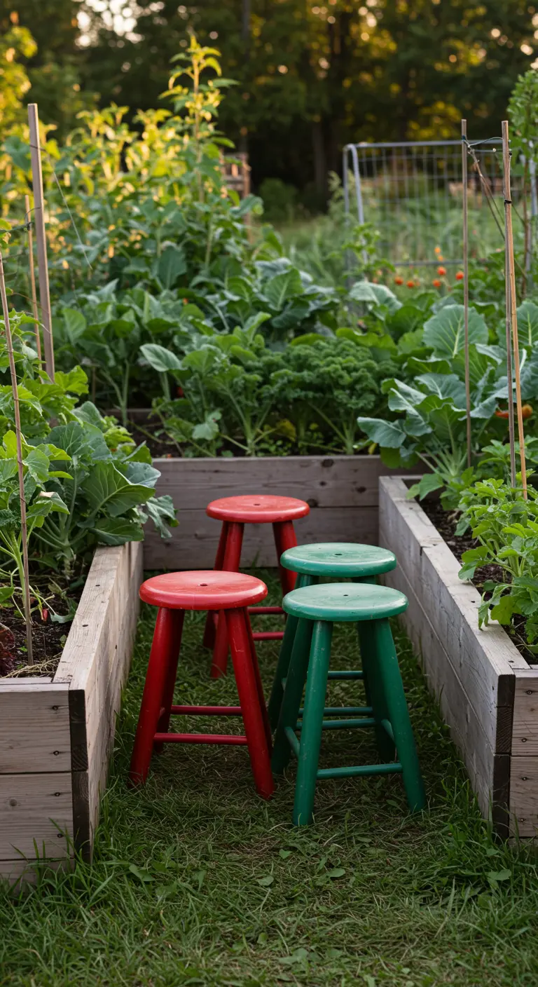 Red and green painted stools placed inside a raised wooden garden bed among leafy vegetables.
