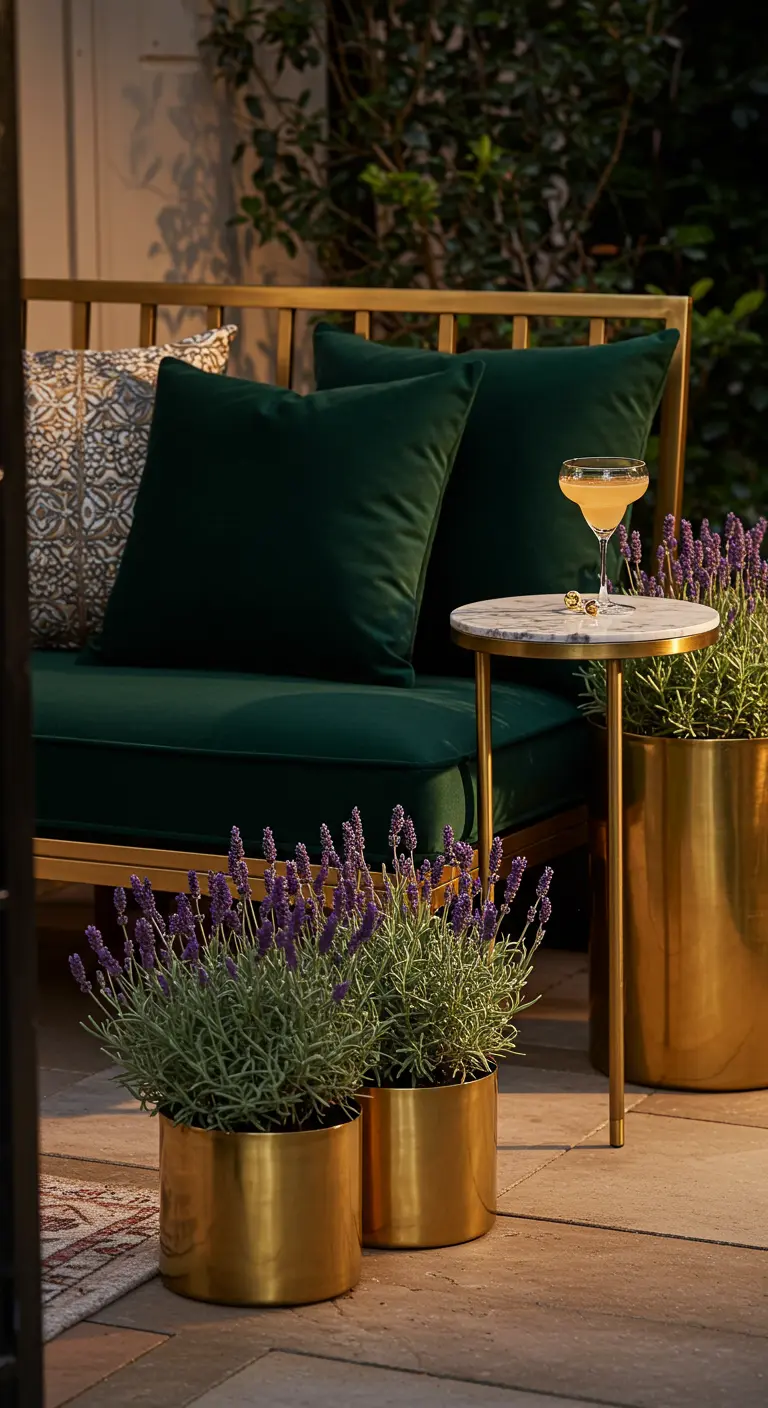 A gold-framed bench with green velvet cushions, flanked by lavender in gold planters.
