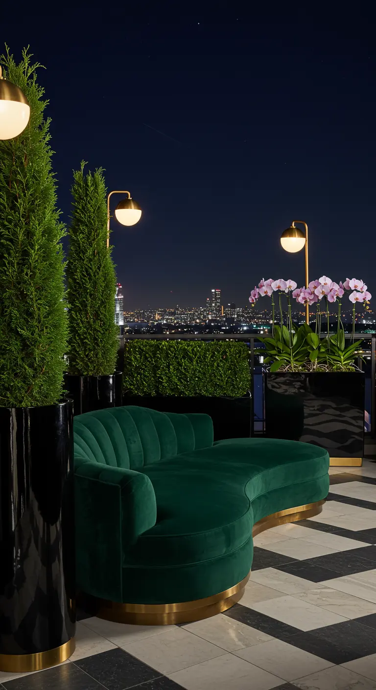 Elegant rooftop lounge with a green velvet chaise, checkerboard floor, and tall planters.