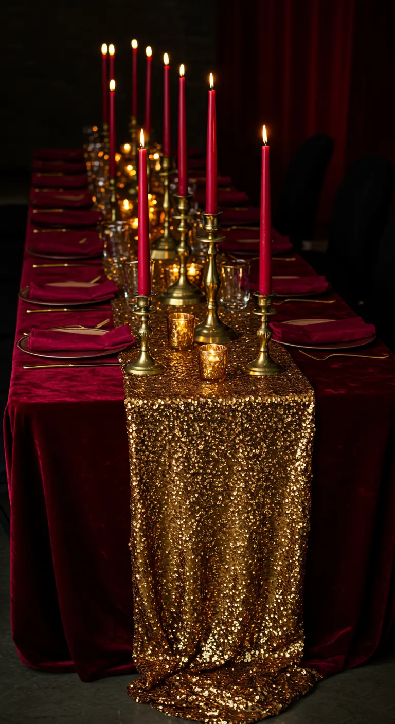 A dramatic table with a red velvet cloth, gold sequin runner, and tall red candles.