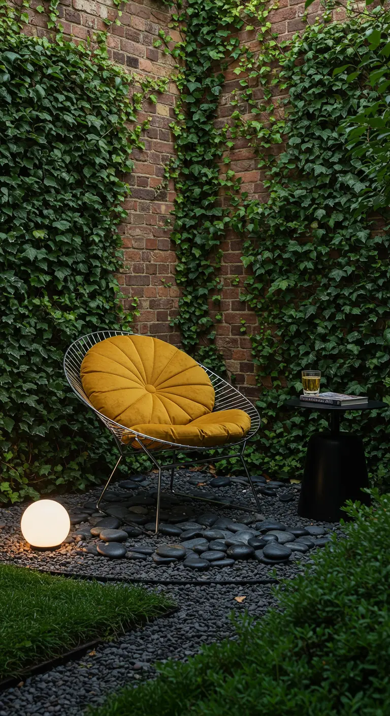 A single wireframe chair with a mustard velvet cushion on dark stones against an ivy-covered brick wall.