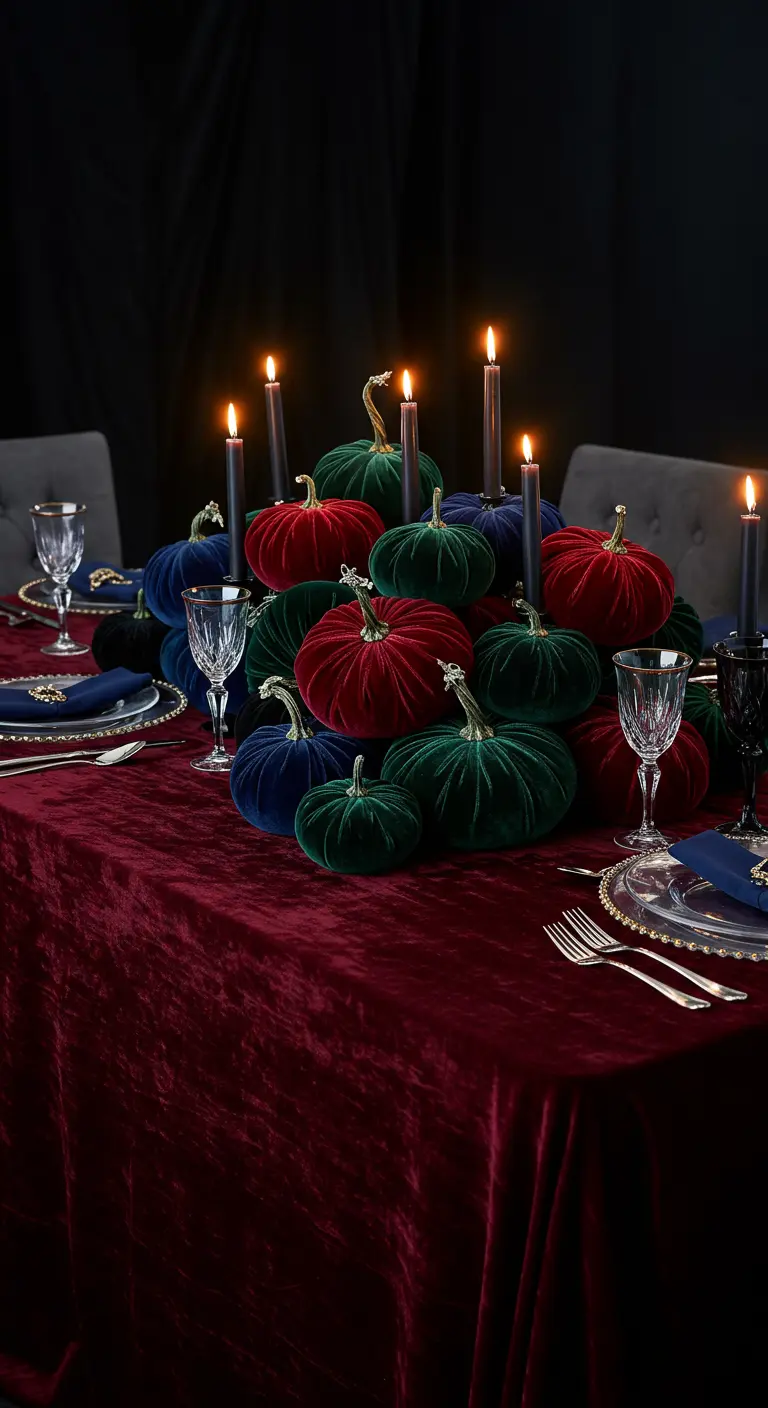 A table covered in a red velvet cloth, with a large mound of colorful jewel-toned velvet pumpkins.