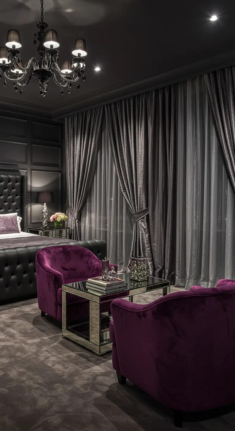Dark bedroom with a seating area featuring two purple velvet armchairs.