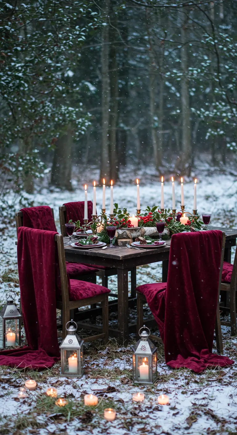 A dinner table in a snowy forest with red velvet drapes on chairs and many candles.