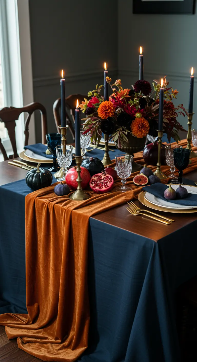 A dramatic Thanksgiving table with a navy tablecloth, orange velvet runner, and dark floral centerpiece.