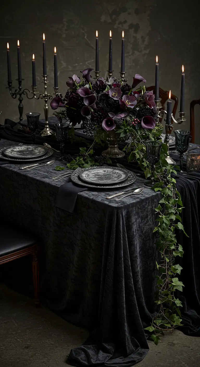A gothic-inspired table with a black velvet cloth, candelabras, and dark floral centerpiece.