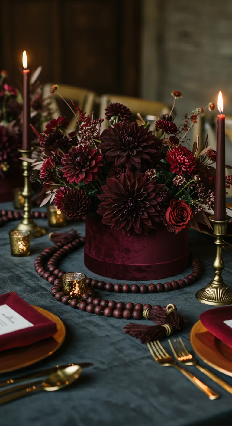 Burgundy velvet hatbox with dark red dahlias and roses, next to a matching bead garland.