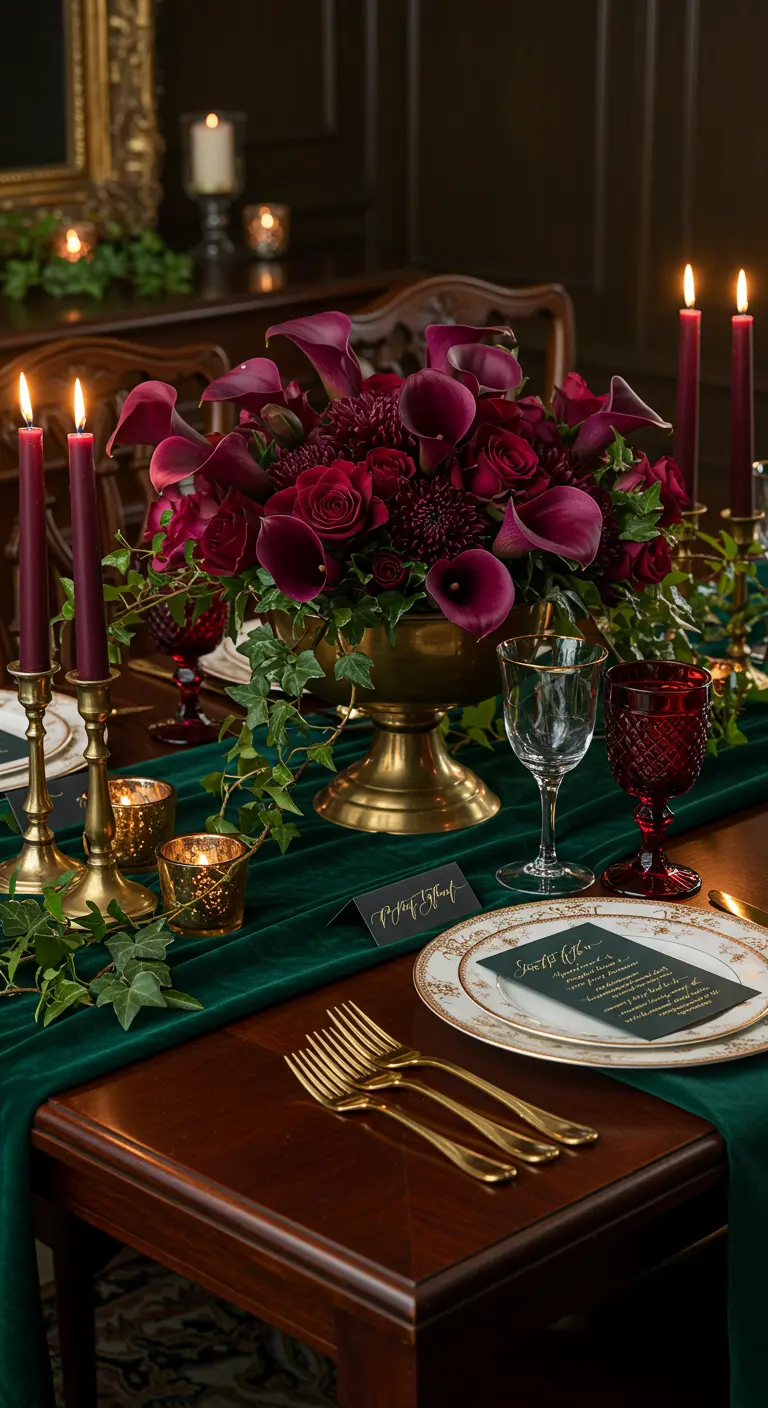 A moody, elegant table with a green velvet runner, burgundy flowers, and gold accents.
