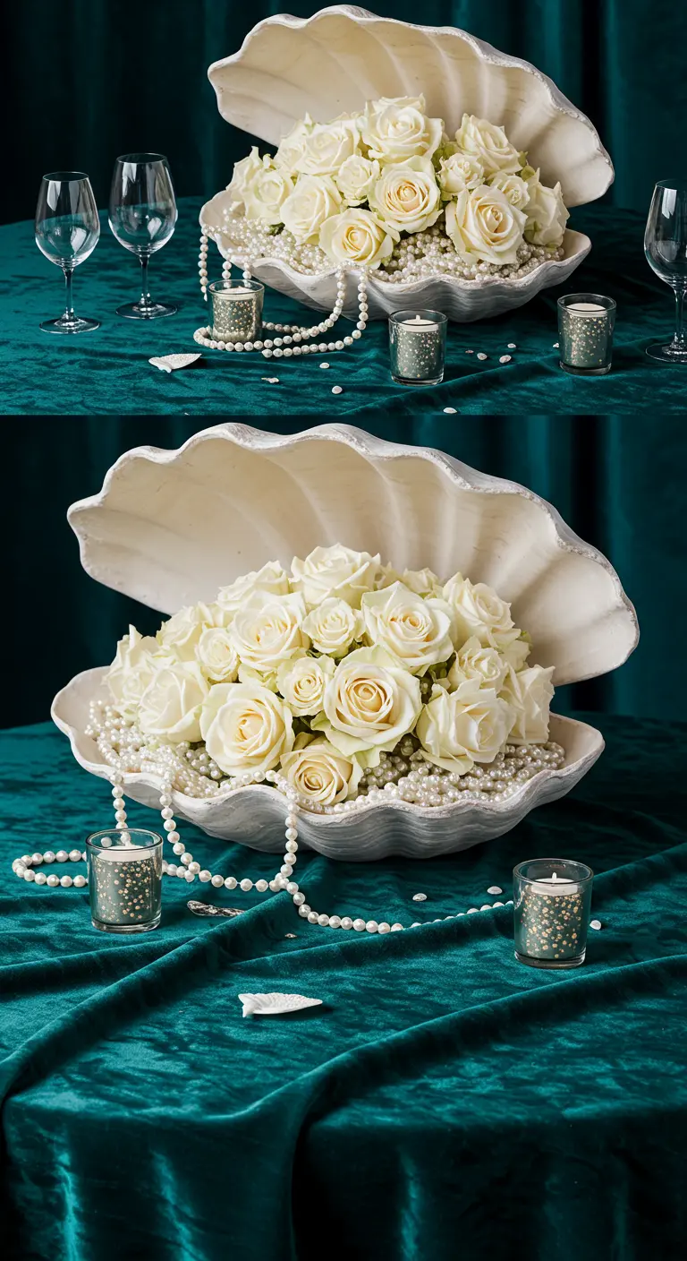 An oversized clam shell filled with white roses and draped with pearl necklaces.