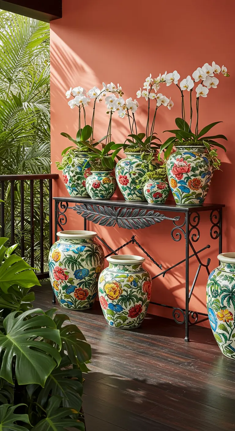 White orchids in colorful floral urns on a wrought iron console on a tropical veranda.