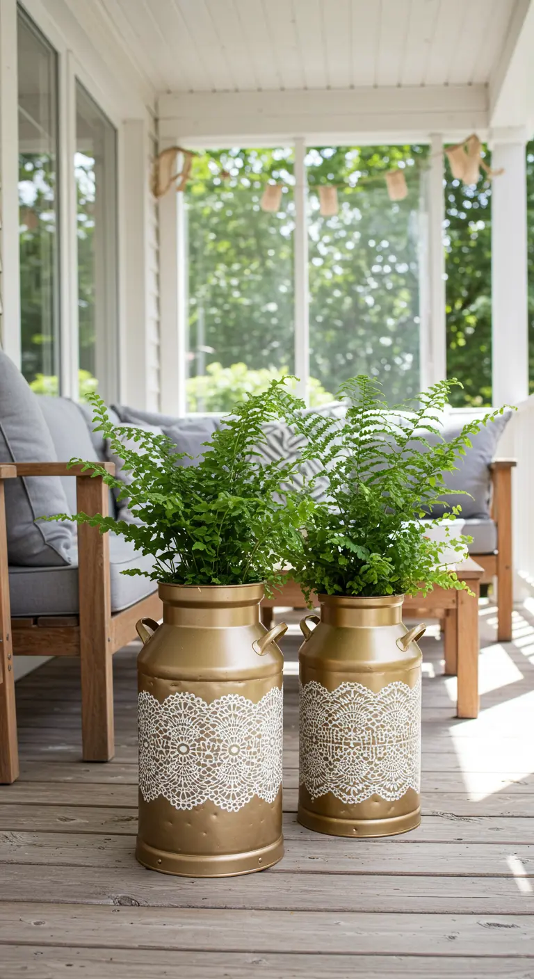 Two matte gold milk cans with white lace stencils holding large green ferns on a wooden porch.