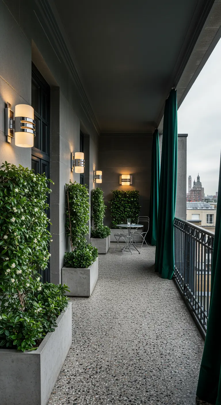 Elegant long balcony with tall rectangular planters, climbing plants, wall sconces, and dark green drapes.
