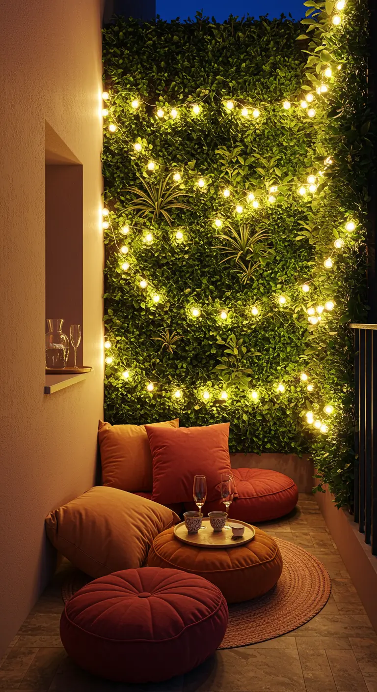 Balcony with a green wall illuminated by fairy lights, and round floor cushions.