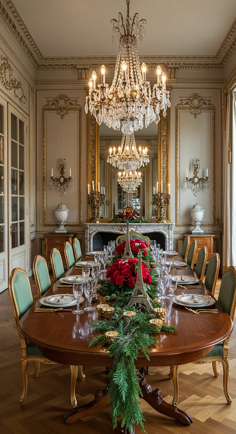 Opulent Parisian dining room with a long table, red roses, and Eiffel Tower centerpiece