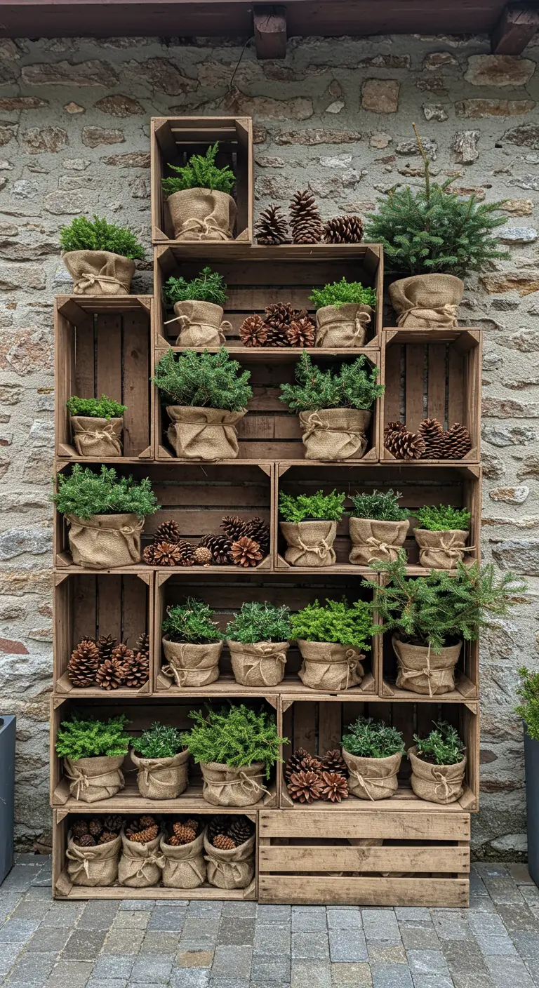 Tall wall display of stacked wooden crates filled with burlap-wrapped evergreen plants and pinecones.