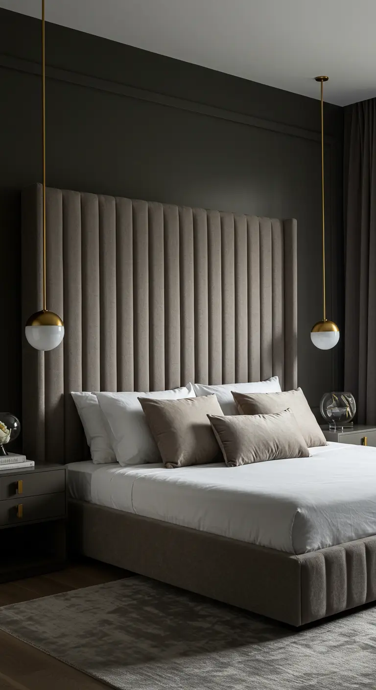 Dark bedroom with a very tall, channel-tufted headboard and hanging globe pendants.