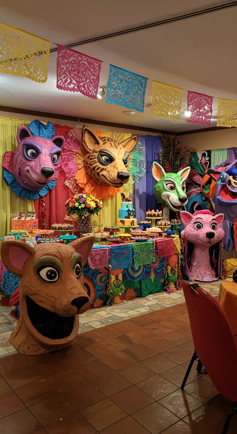 Large, colorful paper-mâché alebrije animal heads decorating a party space.