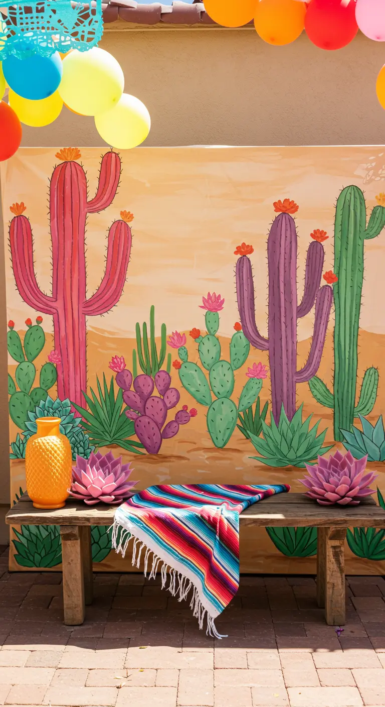 A brightly painted backdrop of colorful desert cacti behind a bench with a serape blanket.