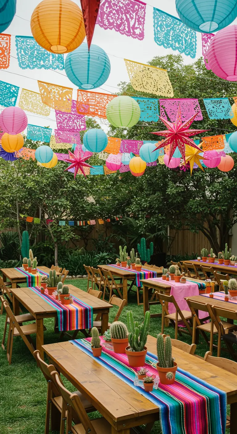 Fiesta-themed party with serape runners, papel picado, and cactus centerpieces.