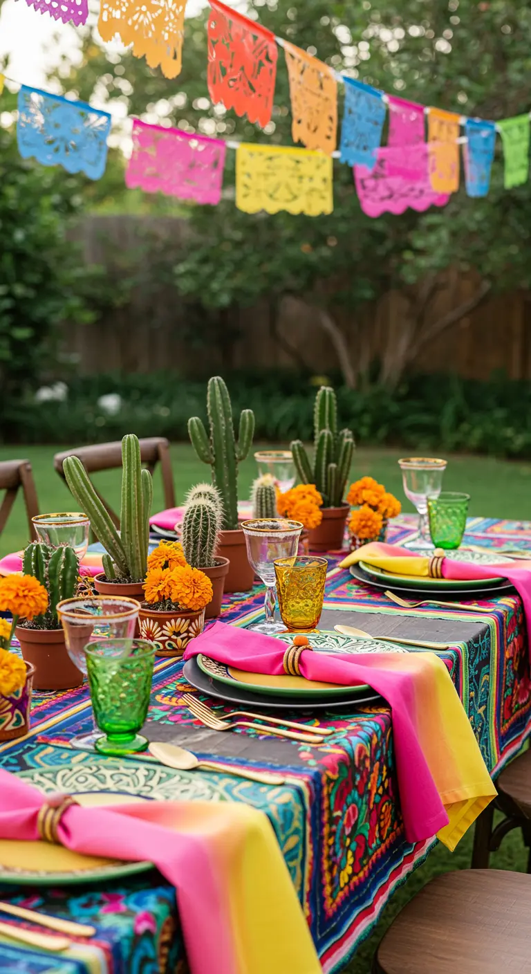 Festive table with a colorful tablecloth, cacti, and papel picado.