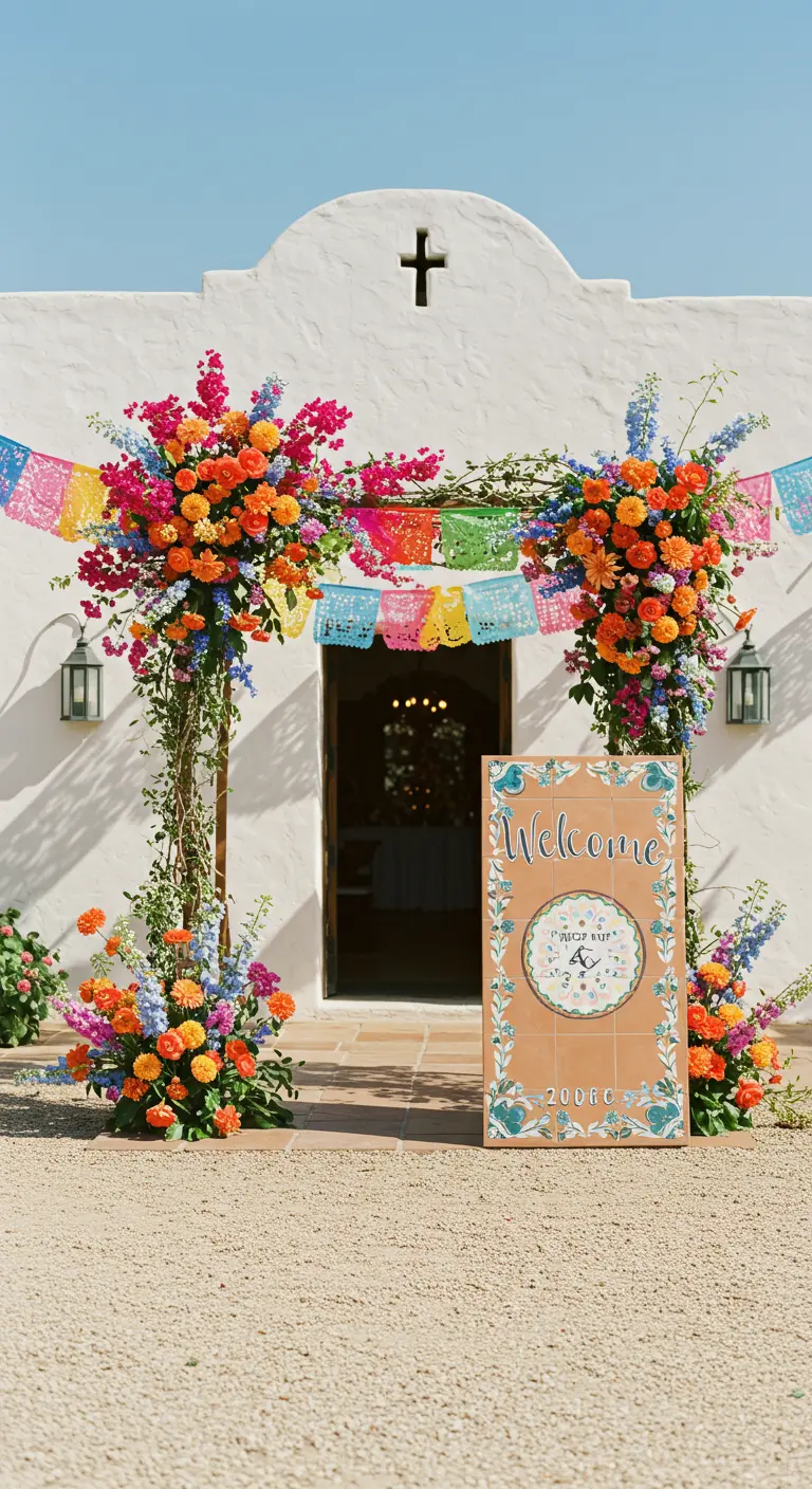 A colorful floral arch with papel picado banners at a hacienda-style venue.