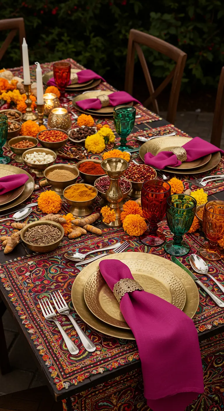 A vibrant Indian-themed table with gold plates, bright flowers, and bowls of spices.