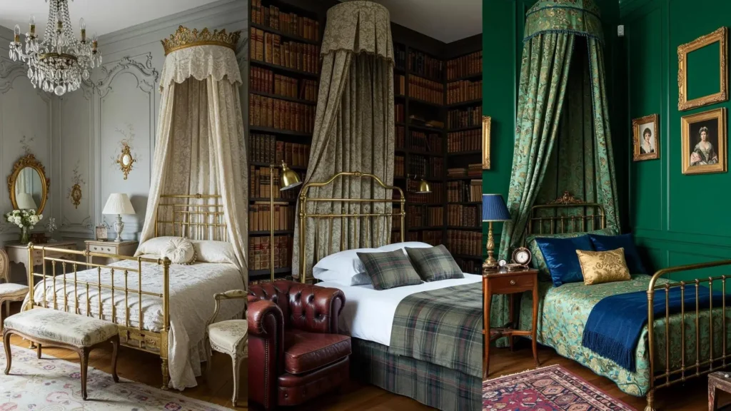 Opulent Victorian bedrooms with antique brass beds and lace canopies, radiating romance.