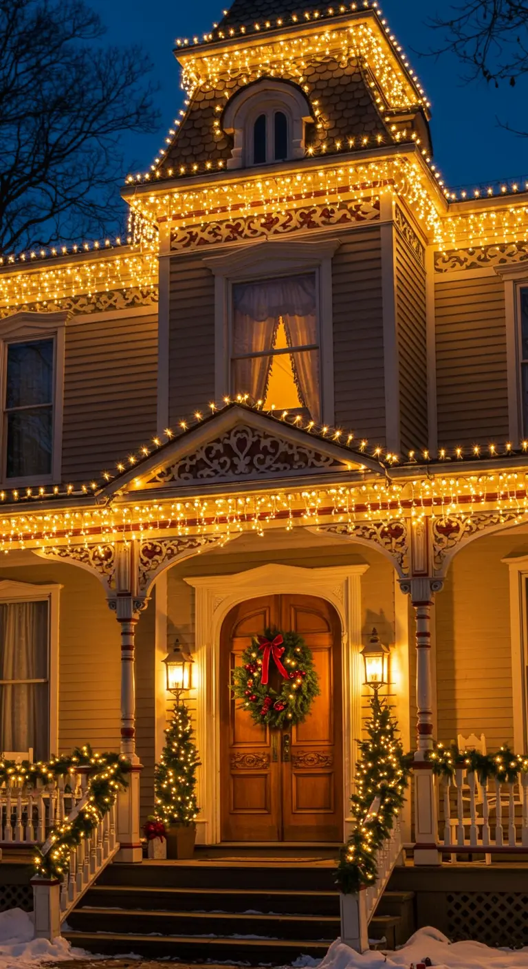 A large Victorian house at night, completely outlined in warm yellow Christmas lights.