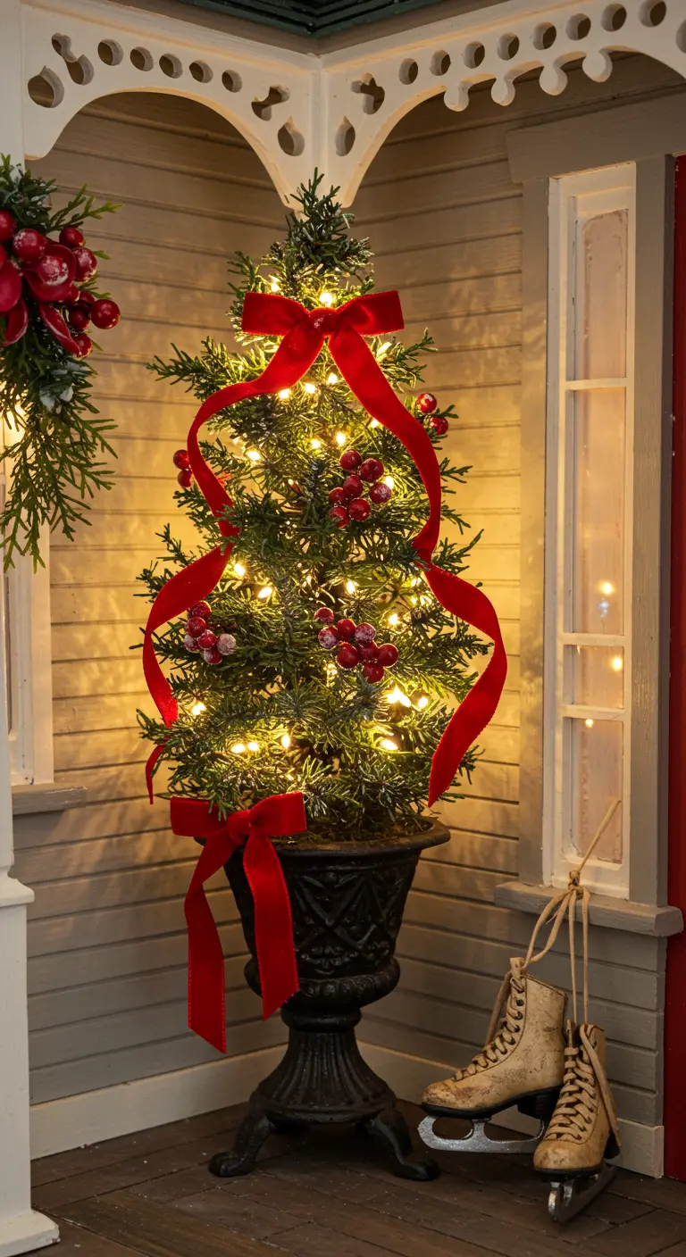 A mini tree in a black urn with red ribbon and vintage ice skates.