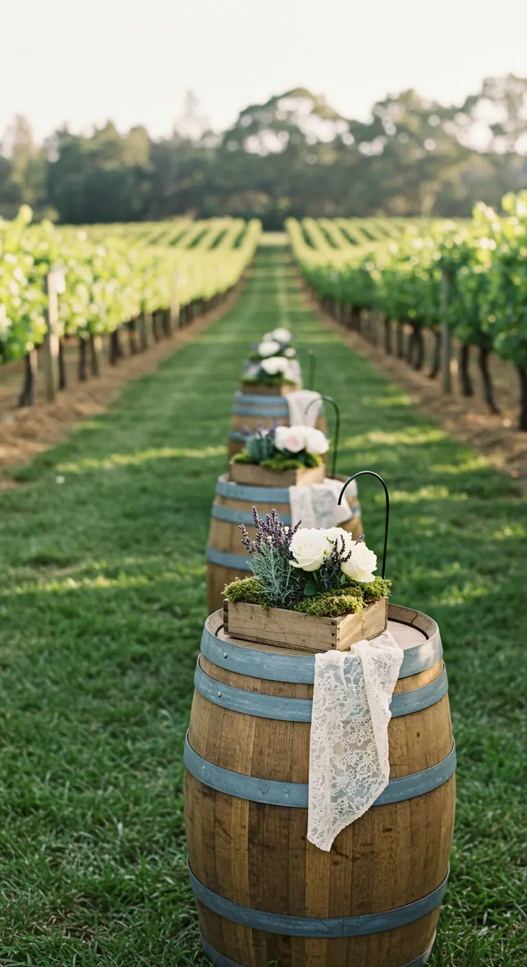 Wine barrels lining a vineyard aisle with lace and floral arrangements.