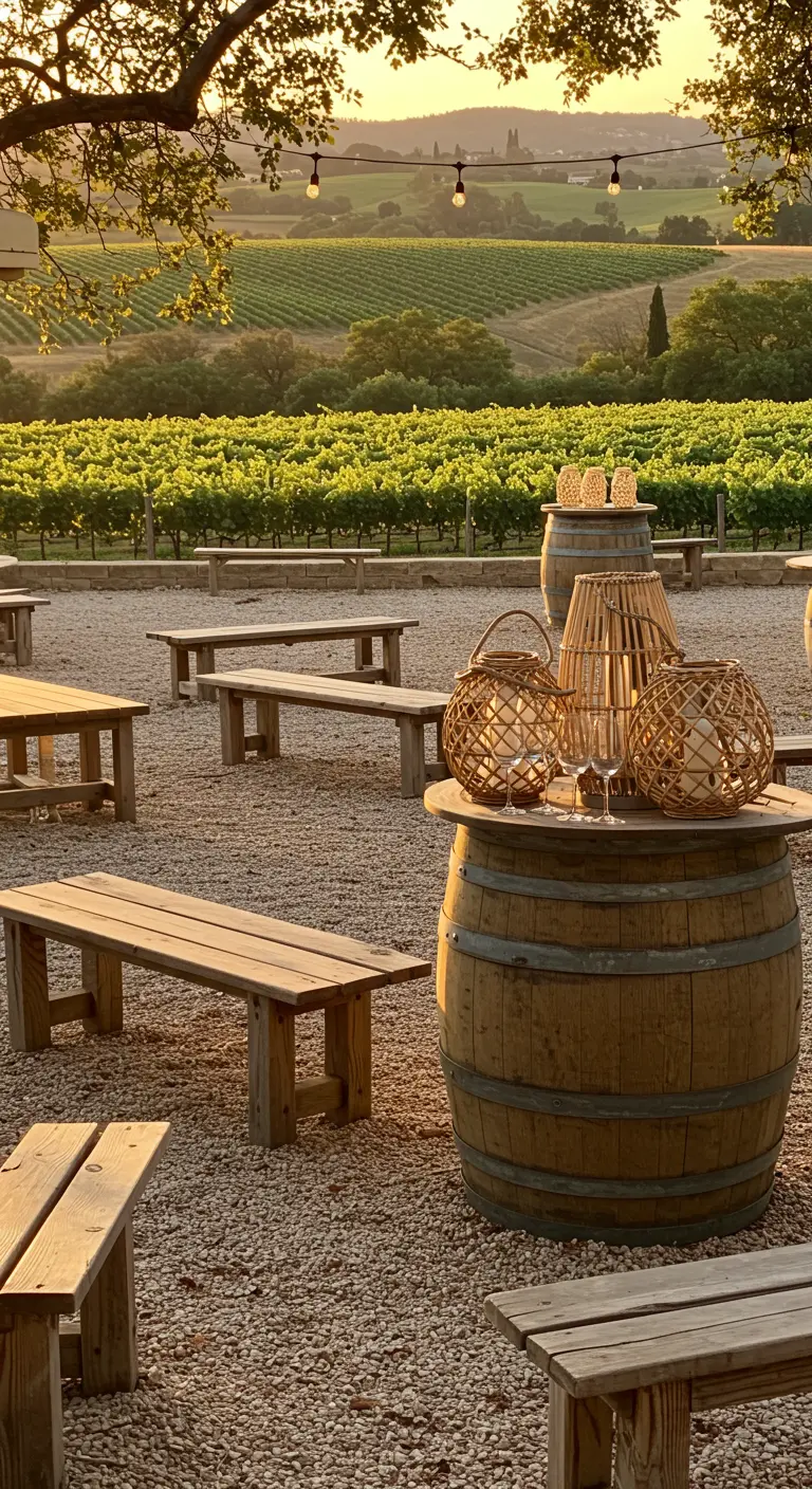 A wine barrel used as a table, surrounded by benches and wicker lanterns in a vineyard.