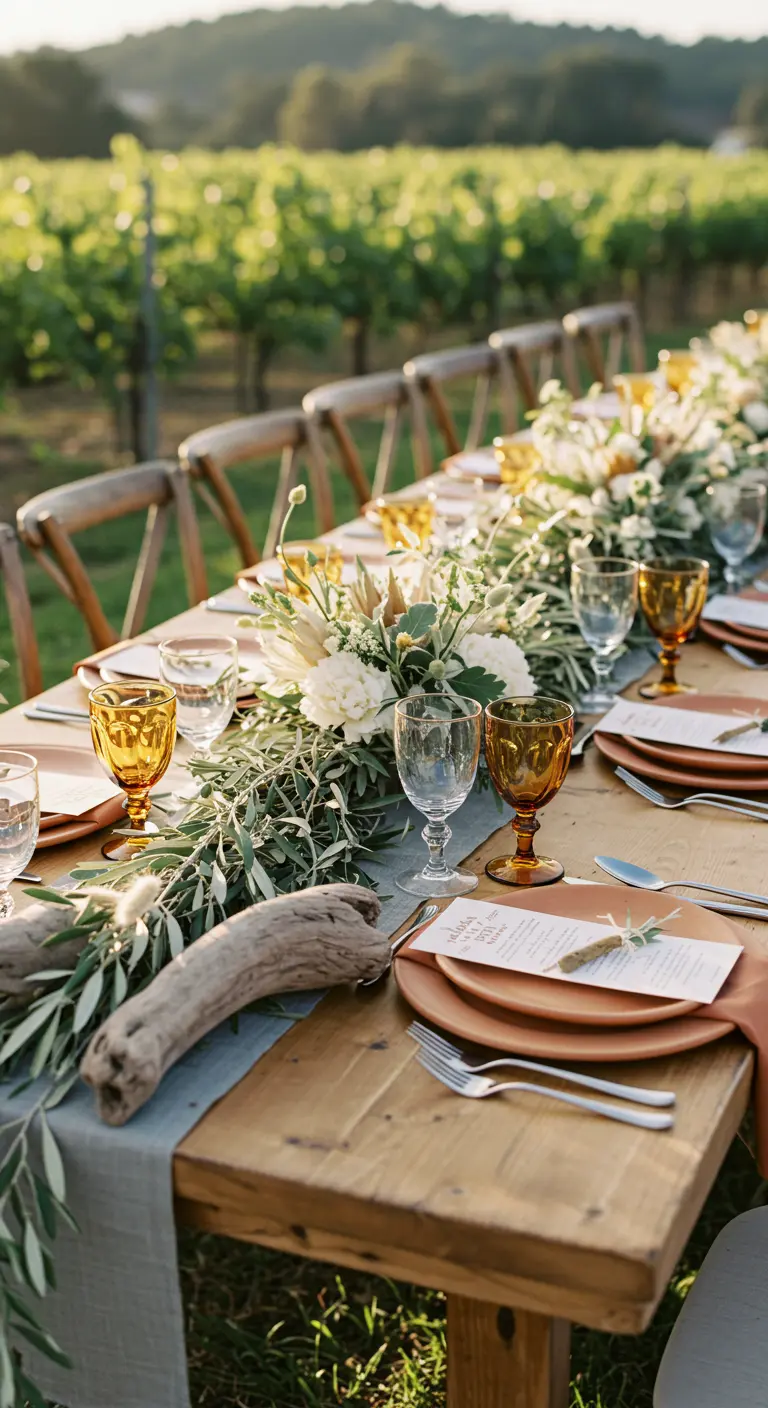 Rustic vineyard table with terracotta plates, amber glasses, and a eucalyptus and driftwood runner.