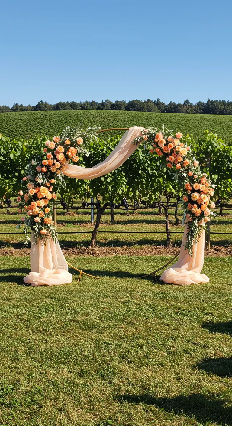 Circular wedding arch with peach flowers set in a sunny vineyard.