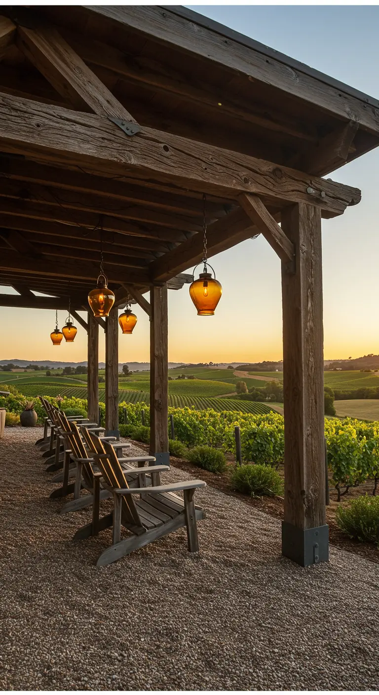 Adirondack chairs under a rustic pergola with amber glass lanterns, overlooking a vineyard.