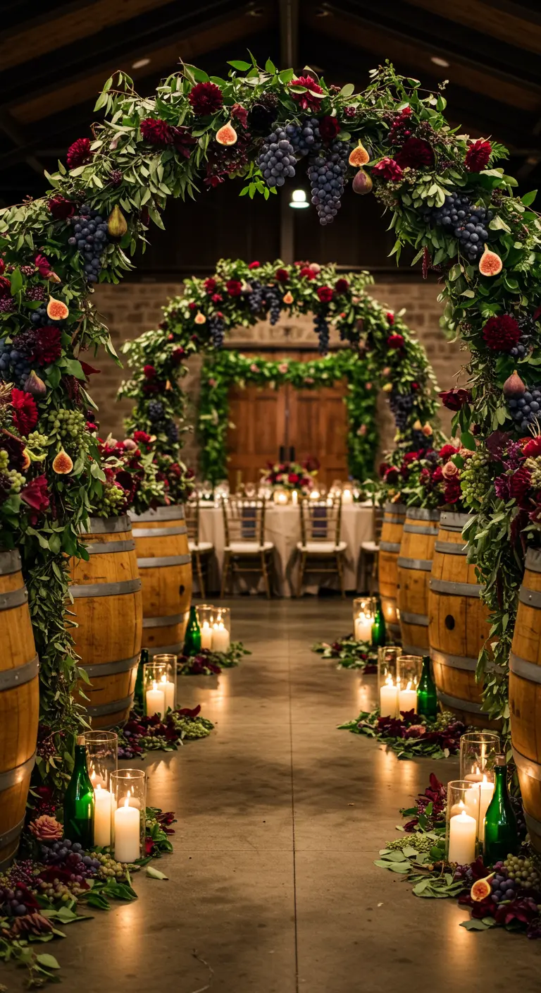 A winery aisle lined with wine barrels and arches of grapes and figs.