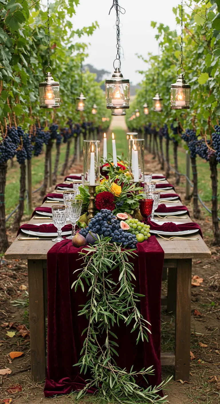 Table in a vineyard with a burgundy velvet runner, grape centerpiece, and glass lanterns.