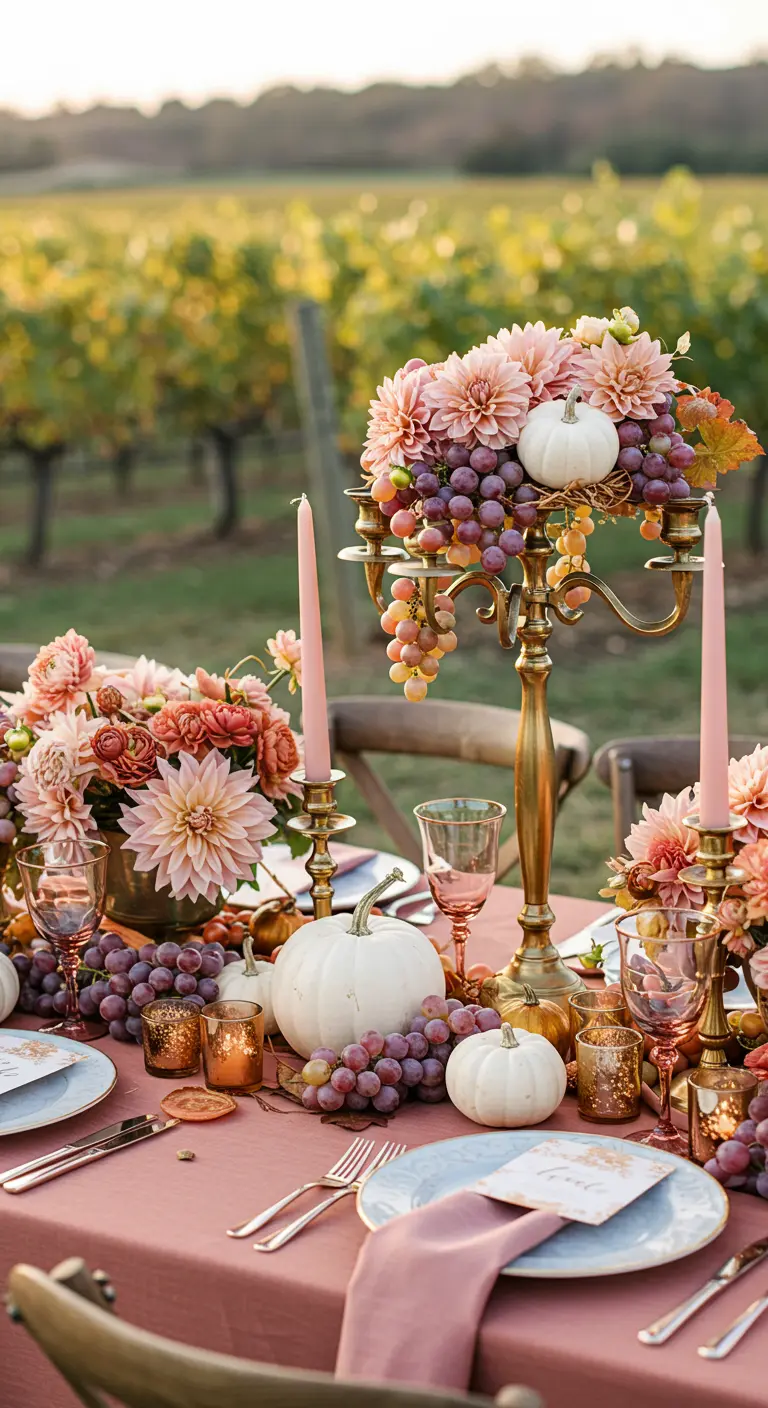 A harvest-themed table in a vineyard, decorated with grapes, white pumpkins, and dahlias.