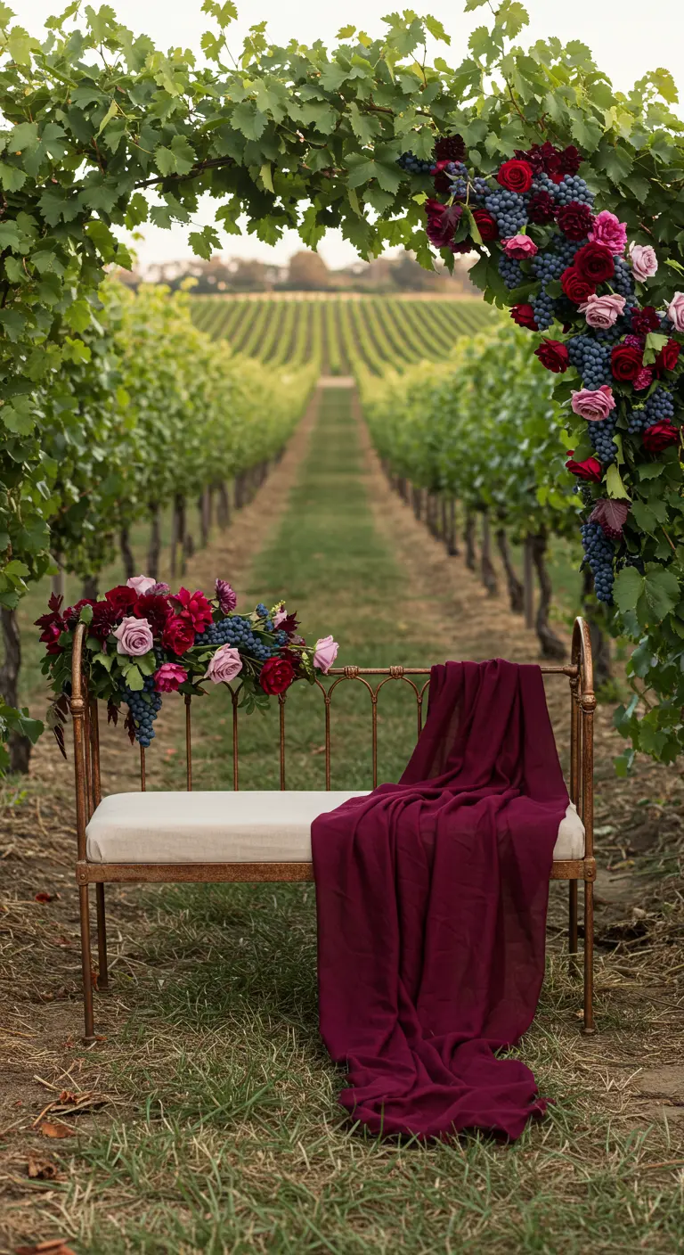 A bronze daybed in a vineyard, decorated with a garland of red roses and dark grapes.