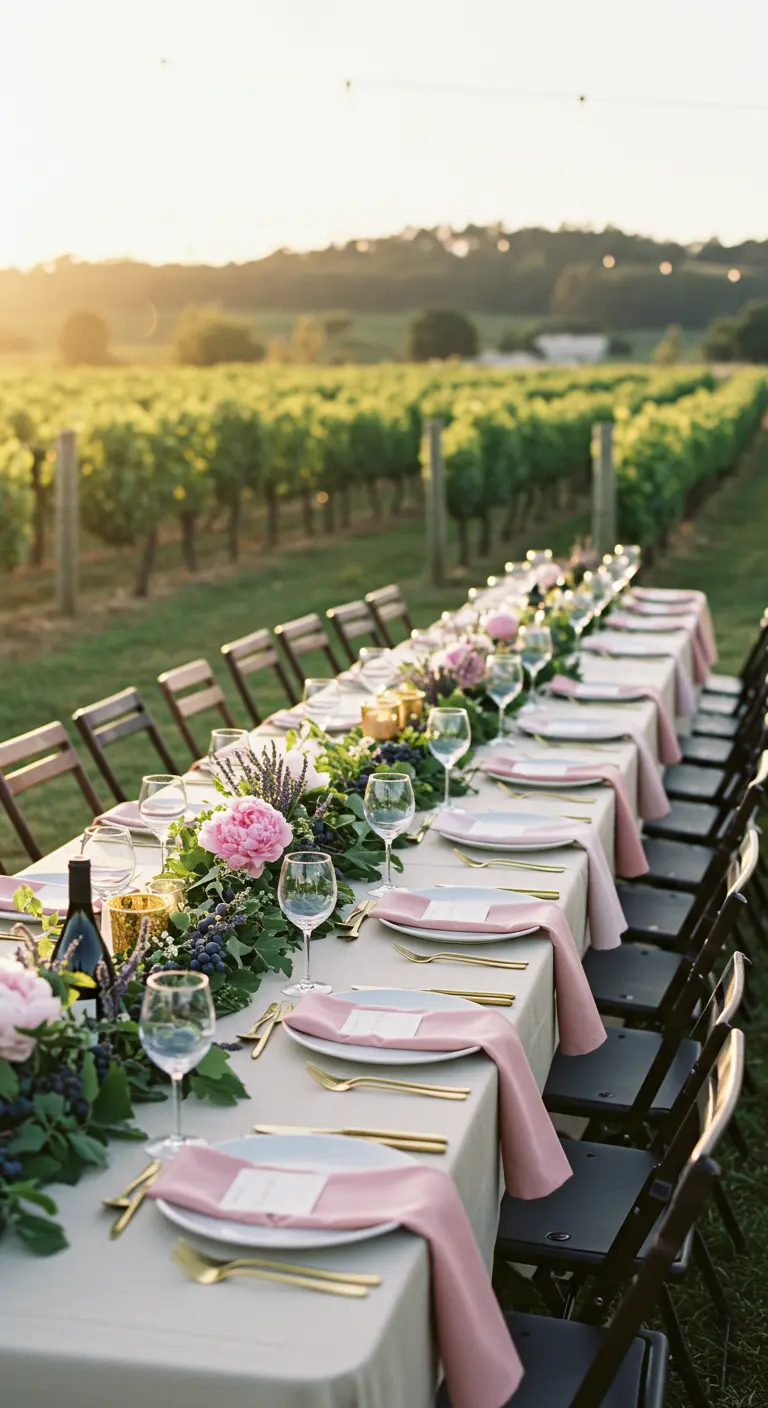 Long dining table in a vineyard with a lush greenery and grape runner.