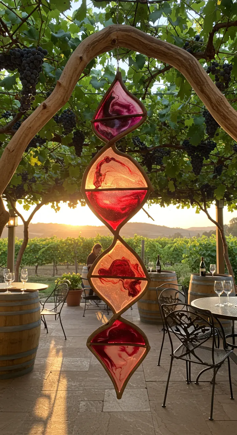 A cascading spinner with red and pink jewel-toned resin hanging in a vineyard at sunset.