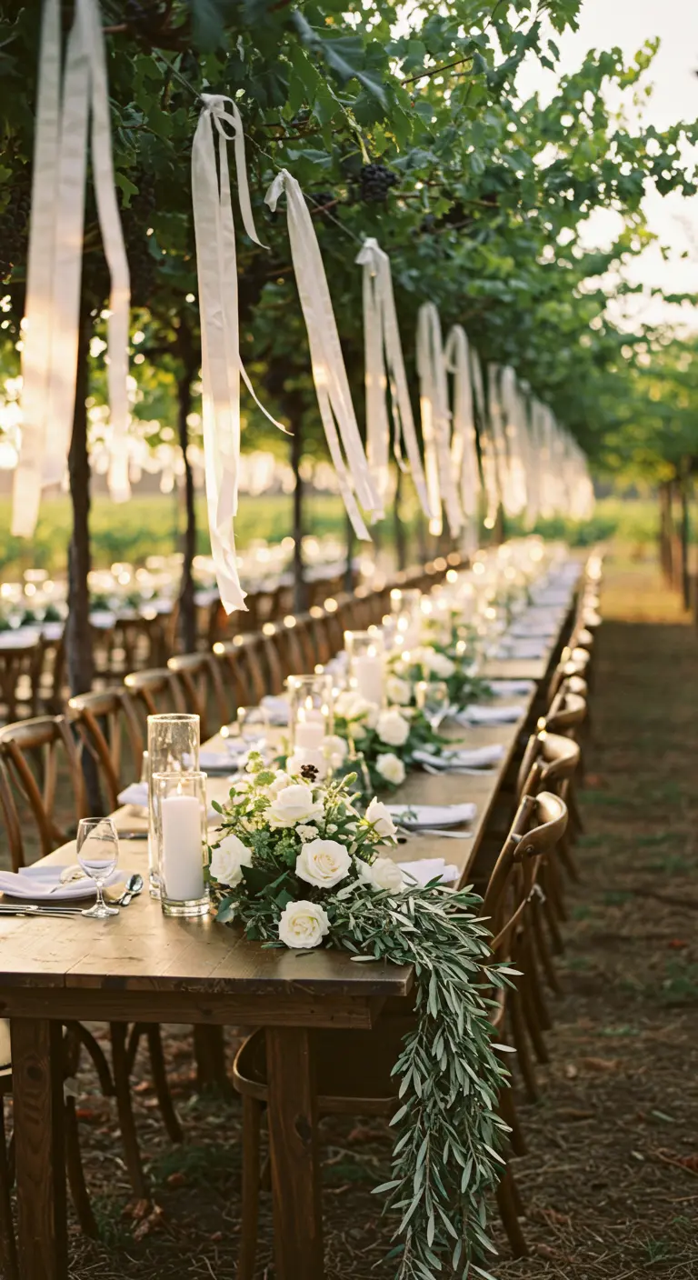 A long outdoor wedding table in a vineyard with a greenery runner and hanging white ribbons.