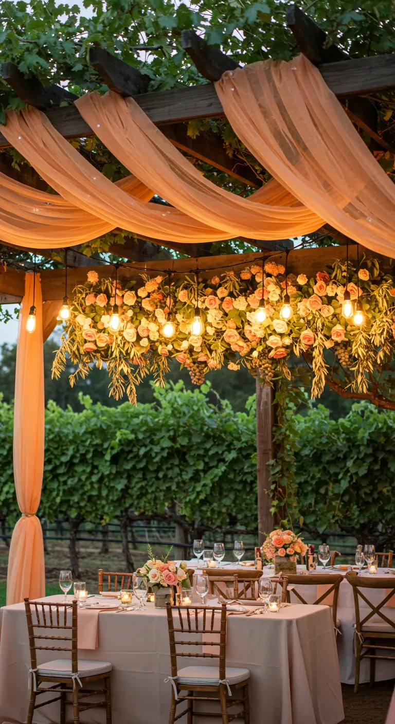 A vineyard dining table under a pergola draped with peach tulle and a hanging floral and light installation.