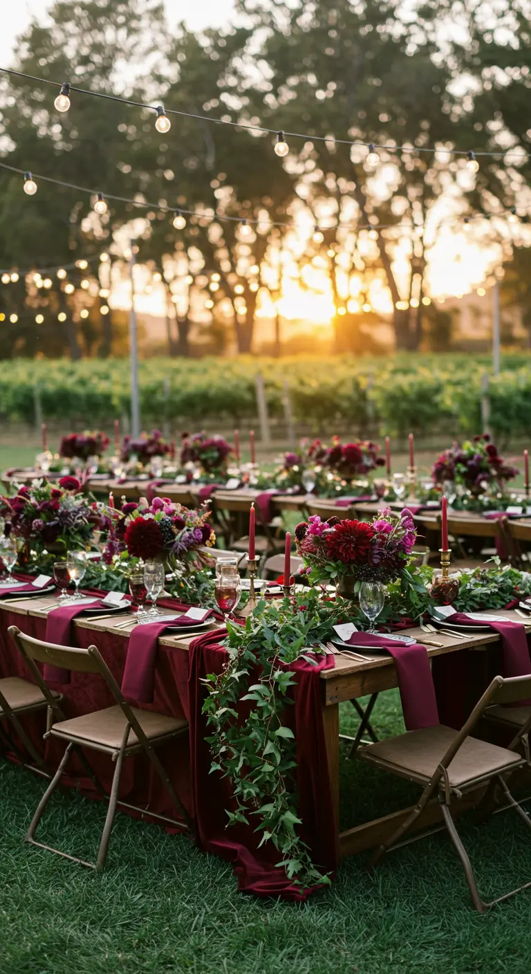 Outdoor vineyard setting with long wooden tables, deep red velvet runners, and green floral garlands.