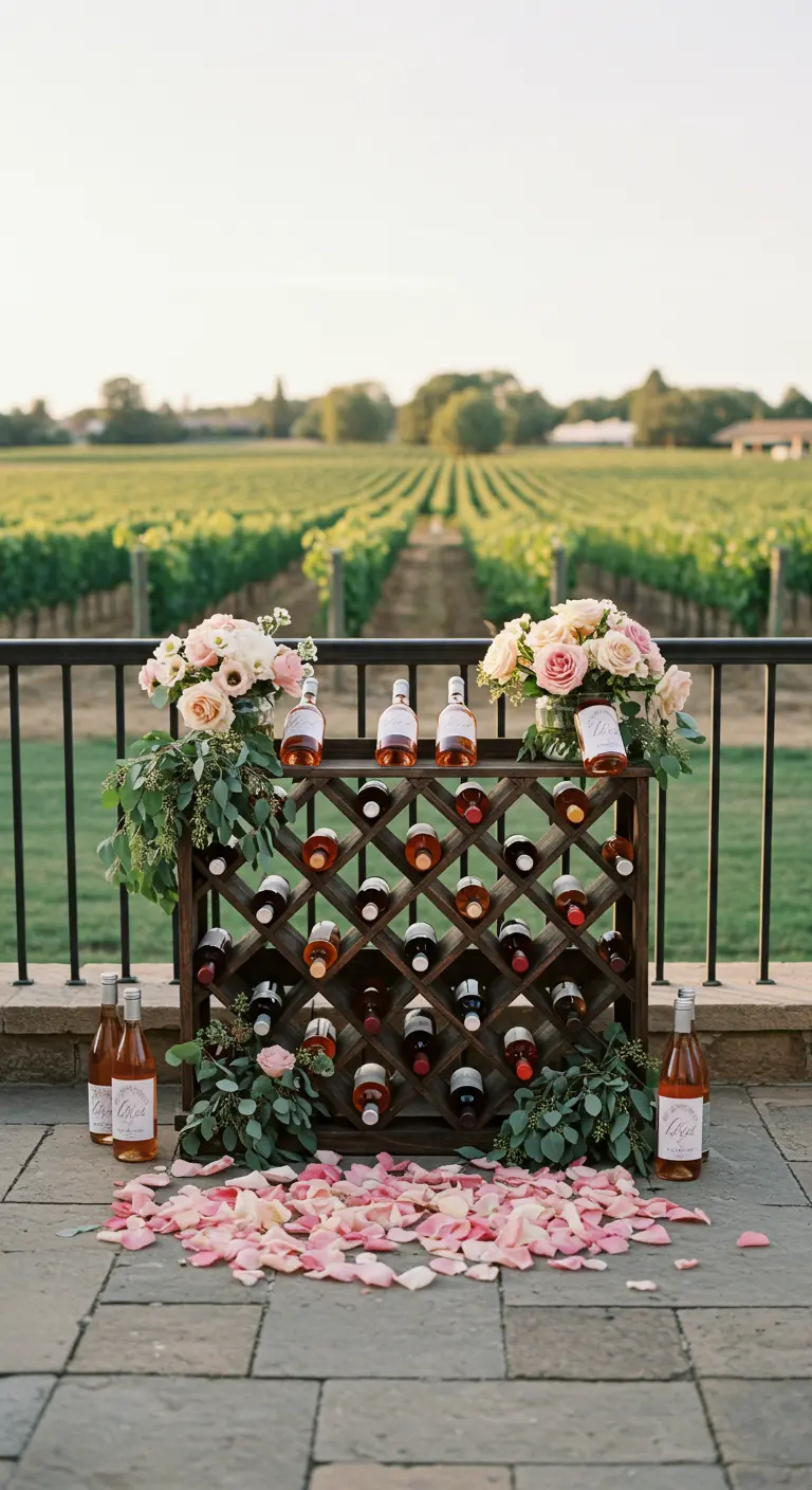 A wine rack holding rosé bottles, decorated with flowers and escort cards.