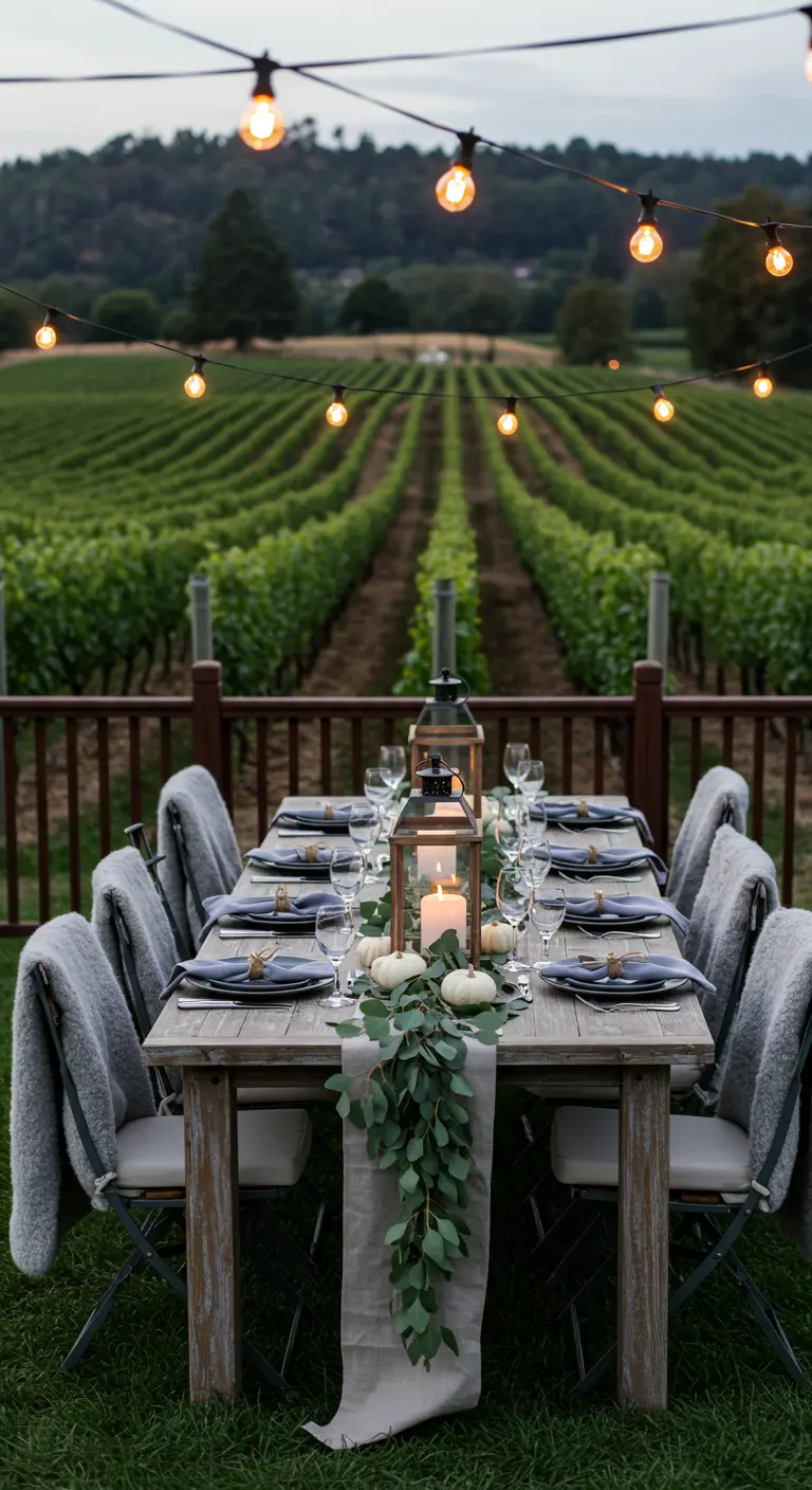 A table set for dinner overlooking a vineyard, with a eucalyptus runner and lanterns.