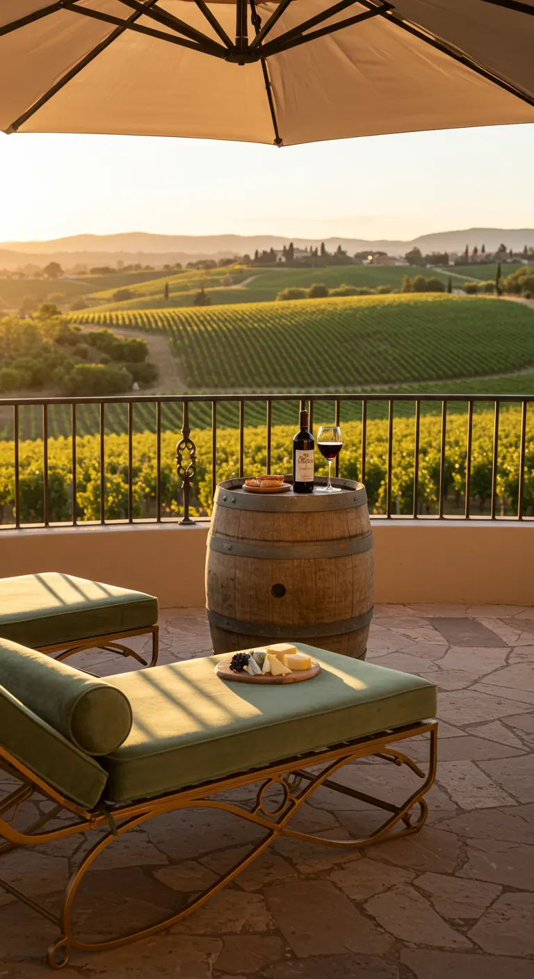 Olive green chaises on a stone patio overlooking a vineyard, with a wine barrel table.