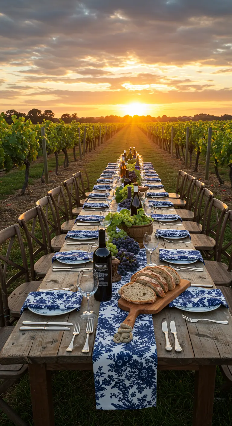 Long wooden table in a vineyard at sunset with blue toile runners.