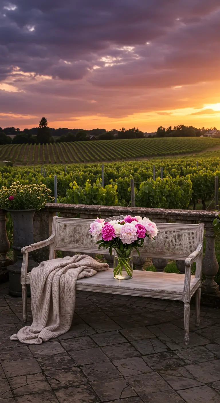 A light wood caned bench with a throw blanket overlooking a vineyard at sunset.